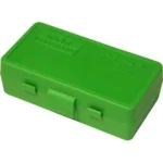 MTM Case Guard P-50 Series bright green handgun ammo box, closed angled view