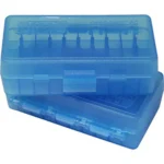 MTM Ammo Box clear blue plastic case shown open with hinged lid and cartridge grid