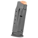 Smith & Wesson M&P Shield X magazine, black angled view with witness holes and orange follower