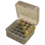MTM Dual Gauge Shotshell Case Clear Smoke, open angled view with grid insert and shells