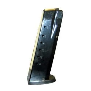 primary-23423 Smith & Wesson M&P magazine, angled side view in black metal with witness holes