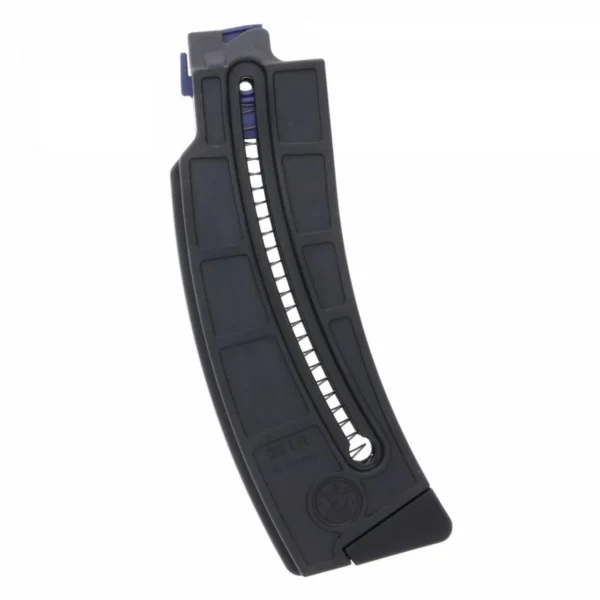Smith & Wesson MAG S&W M&P15-22, curved black magazine, angled front view with side window