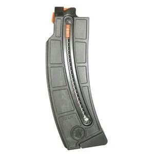 Smith & Wesson M&P15-22 magazine, angled front view in black polymer with orange follower