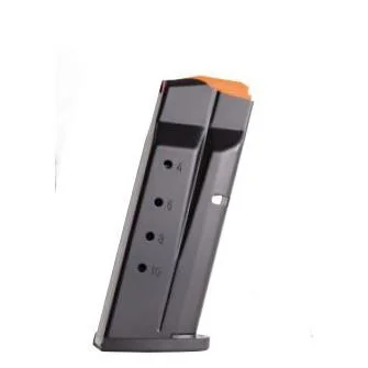 primary-23427 Smith & Wesson M&P Shield Plus Equalizer magazine, angled side view with black body and orange follower
