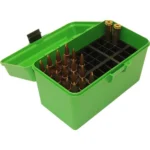 MTM Deluxe H-50 Series Rifle Ammo Box, open green box with black tray and cartridges