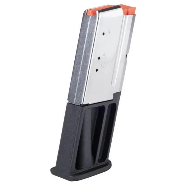 Smith & Wesson M&P magazine, angled view with silver body, black extension and orange follower