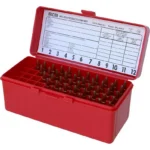 MTM Gun-Gard R-60 Series Rifle Ammo Box, red case open with divided tray and cartridges
