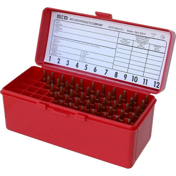 MTM Gun-Gard R-60 Series Rifle Ammo Box, red case open with divided tray and cartridges