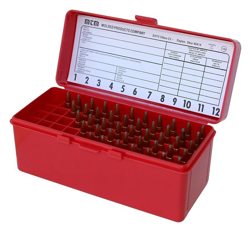 primary-23437 MTM Gun-Gard R-60 Series Rifle Ammo Box, red case open with divided tray and cartridges