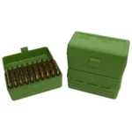 MTM Case-Gard R-50 Series Rifle Ammo Box, green box shown open with cartridges and closed