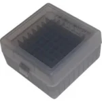 MTM Flip-Top Ammo Box 100 Rounds in clear smoke, closed three-quarter view with cartridge grid