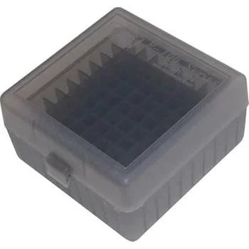 MTM Flip-Top Ammo Box 100 Rounds in clear smoke, closed three-quarter view with cartridge grid
