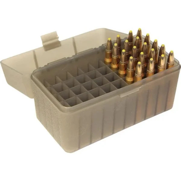 MTM Flip Top Ammo Box clear smoke angled top view, open with grid tray and cartridges