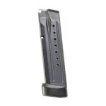 Smith & Wesson Competitor magazine, angled side view in dark metal with black baseplate