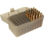MTM Flip-Top Ammo Box, clear smoke, open top view with divided tray and cartridges