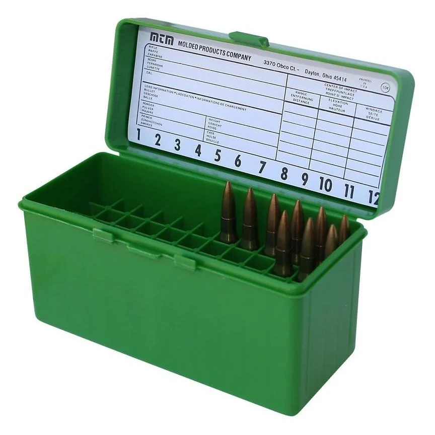 primary-23455 MTM Gun-Gard R-60 Series Rifle Ammo Box, open green box with cartridges and numbered lid chart
