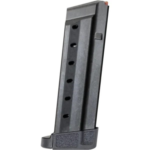 Smith & Wesson M&P 22 magazine black angled view with witness holes and textured baseplate