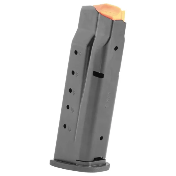 Smith & Wesson M&P SHIELD X black magazine, angled side view with orange follower and witness holes