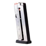 Smith & Wesson M&P 9 SHIELD EZ silver and black magazine, angled side view with orange follower