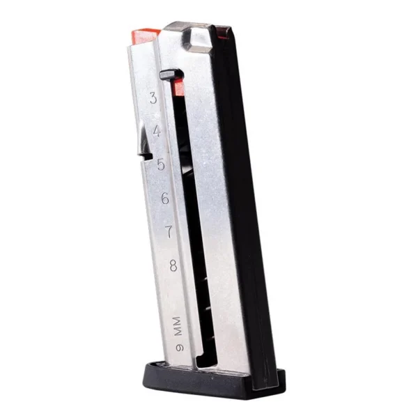 Smith & Wesson M&P 9 SHIELD EZ silver and black magazine, angled side view with orange follower