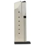 Smith & Wesson SD40 & SD40VE silver magazine, side view with black baseplate and witness holes
