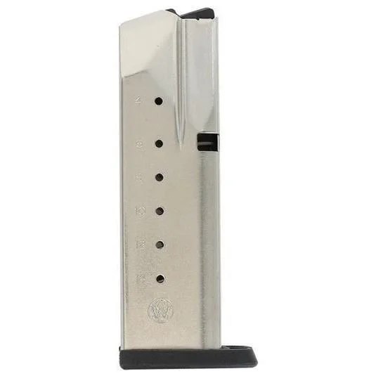 primary-23462 Smith & Wesson SD40 & SD40VE silver magazine, side view with black baseplate and witness holes