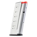 Smith & Wesson MAG S&W M&P, silver magazine front view with red follower and witness holes