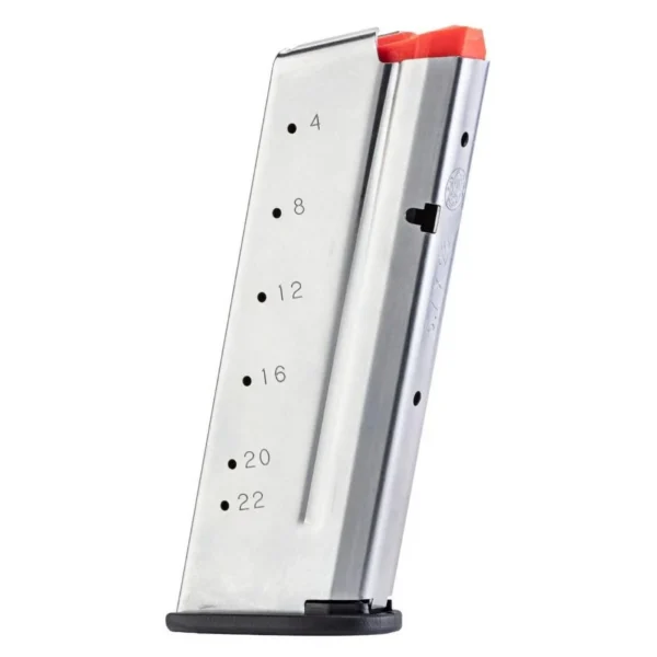 Smith & Wesson MAG S&W M&P, silver magazine front view with red follower and witness holes