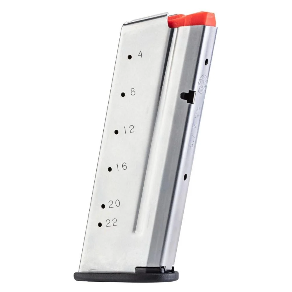 primary-23463 Smith & Wesson MAG S&W M&P, silver magazine front view with red follower and witness holes