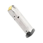 Smith & Wesson M&P 10MM magazine, angled view with silver body, black base and visible rounds