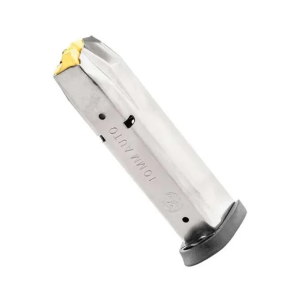 Smith & Wesson M&P 10MM magazine, angled view with silver body, black base and visible rounds