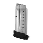 Smith & Wesson MAG S&W SHIELD silver magazine front view with witness holes and black baseplate