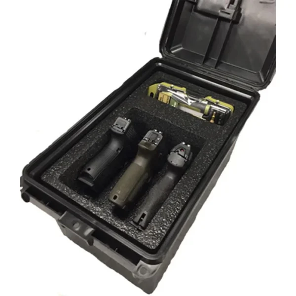 MTM Tactical Pistol Handgun Case open black case with foam insert and three handguns