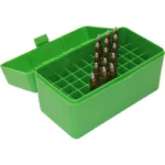 MTM Case-Gard R-50 Series Rifle Ammo Box, open angled view in bright green with cartridges