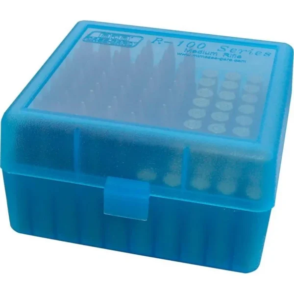 MTM Flip-Top Ammo Box, clear blue angled front view with latched lid and cartridge grid