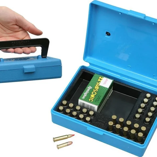 MTM Rimfire 130 Rounds ammo box, open top view in blue with cartridges and carry handle