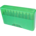 MTM J-20 Slip Top Ammo Box, translucent green box with cartridges visible inside