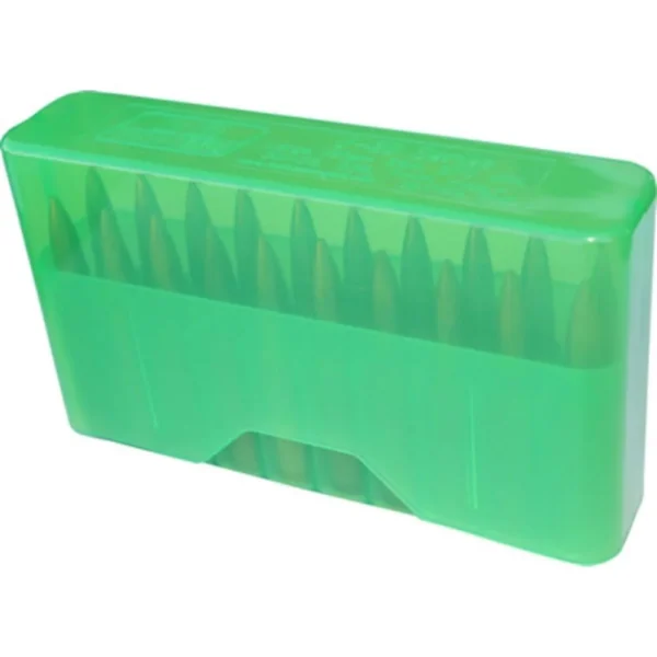 MTM J-20 Slip Top Ammo Box, translucent green box with cartridges visible inside