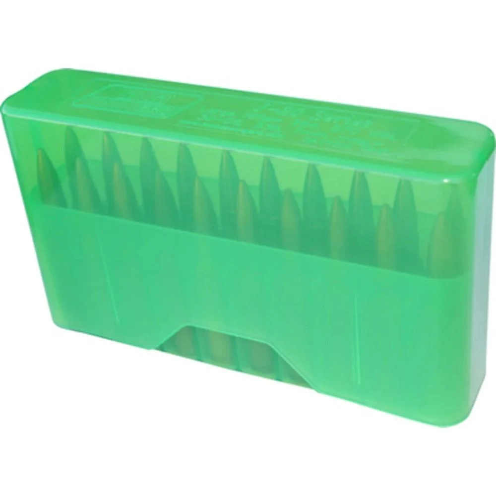primary-23479 MTM J-20 Slip Top Ammo Box, translucent green box with cartridges visible inside