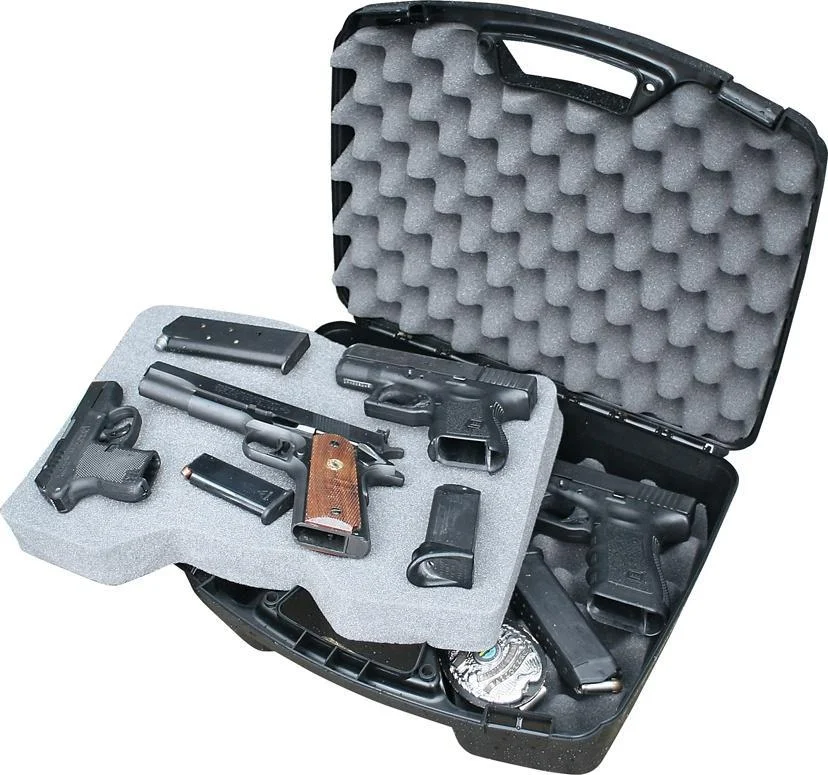 primary-23495 MTM Snap-Latch Four Pistol Case, open black case with handle, egg-crate foam and fitted interior