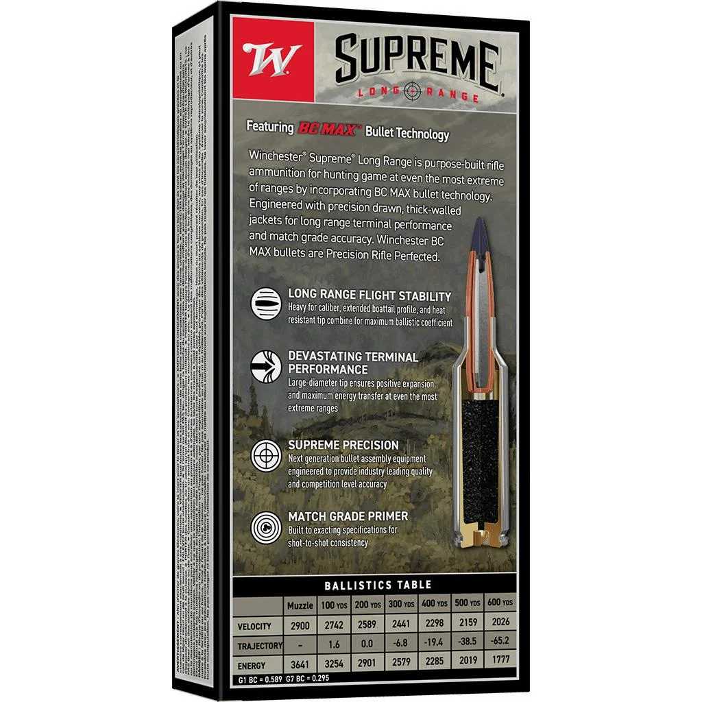 primary-23498 Winchester Supreme Long Range Rifle Ammunition box, rear view with text and cartridge graphic