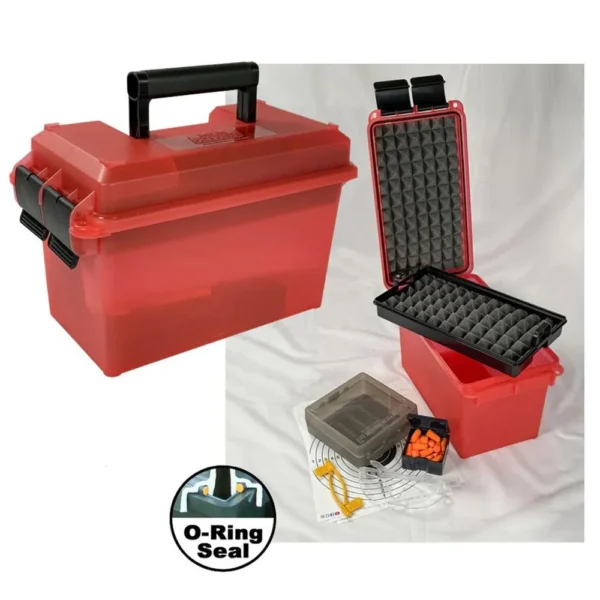 MTM Pistol Range Kit, clear red case shown closed and open with trays and small accessories
