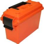 MTM Ammo Can Tall, orange three-quarter view with black latch and folding handle