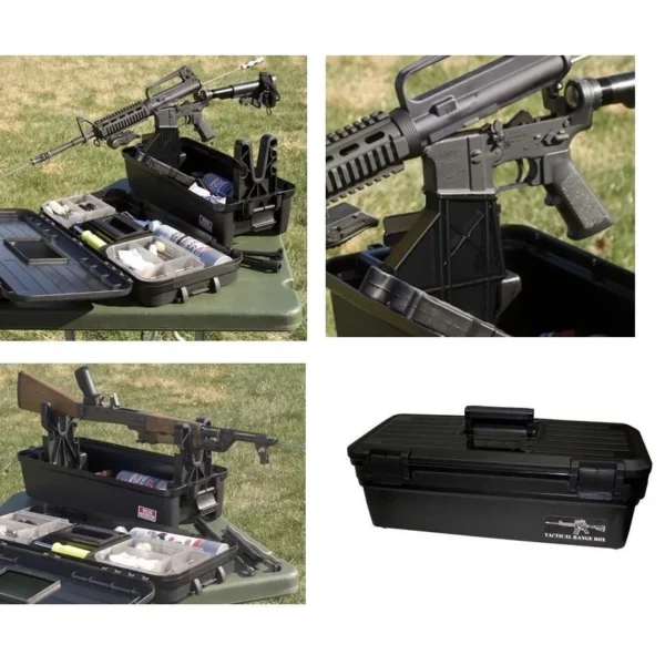 MTM Tactical Range Box, black box shown closed and supporting rifles in three inset views