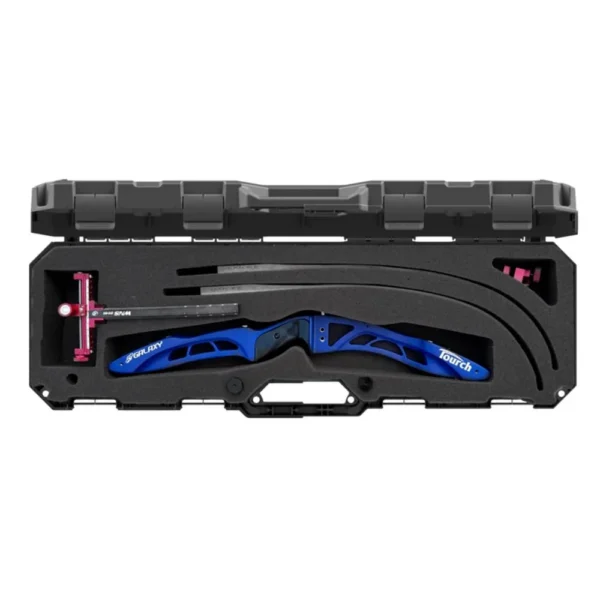 MTM Recurve Bow Case Black, open front view with fitted bow, arrows and accessory compartments