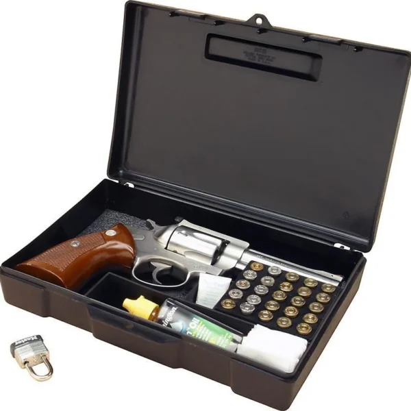 MTM Handgun Long Term Storage Case, open black case holding a revolver, ammunition and accessories