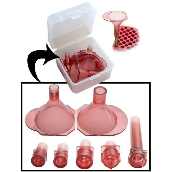 MTM Universal Powder Funnel Kit, translucent red funnels and adapters with clear storage case