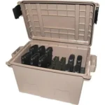 MTM Tactical Magazine Can in dark earth with open lid and black magazines inside