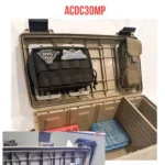 MTM Ammo Can Molle Panels for ACDC30, black panels mounted inside an open tan ammo can