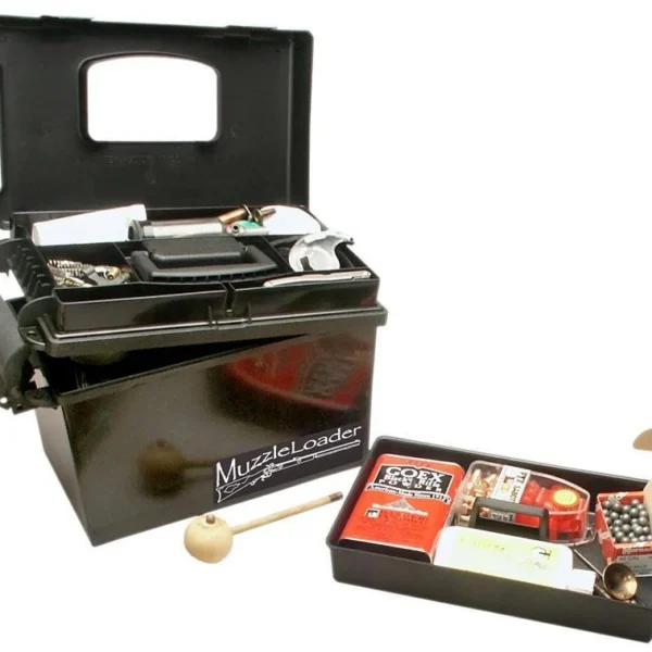MTM Muzzle Loader Dry Box, open black box with divided accessory tray